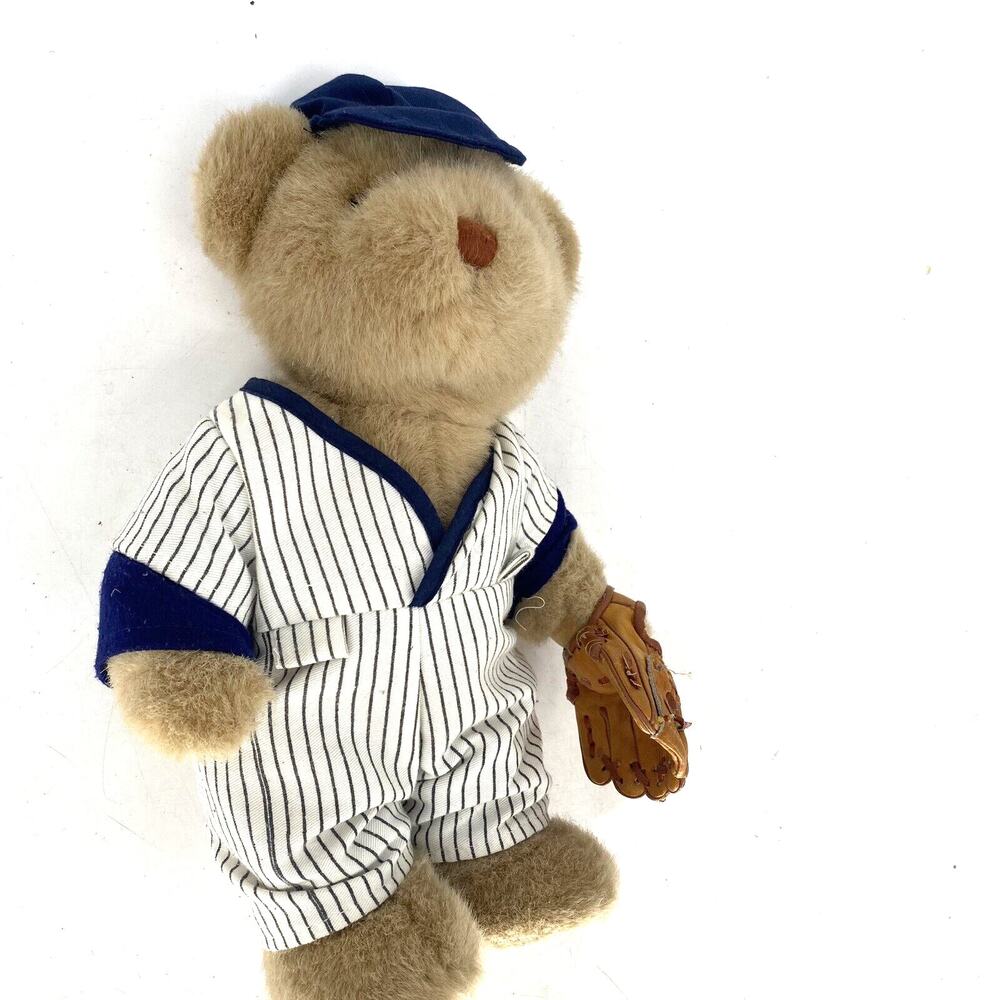 Vintage Bearland Baseball Teddy Bear Plush Pinstripe Uniform Leather Glove Toy - Picture 4 of 9